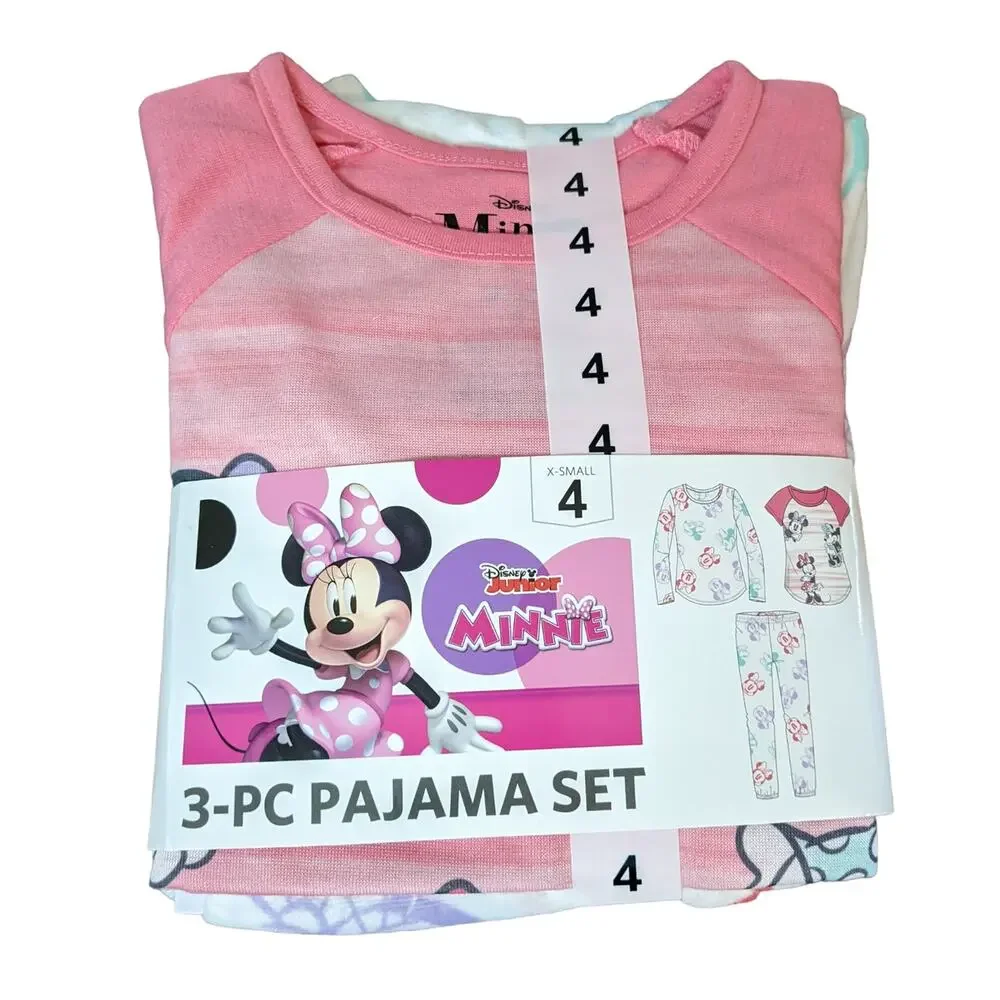 Disney Junior Minnie‎ Mouse Girls Pajama Set XS 4 Pink White Sleepwear 3 Piece